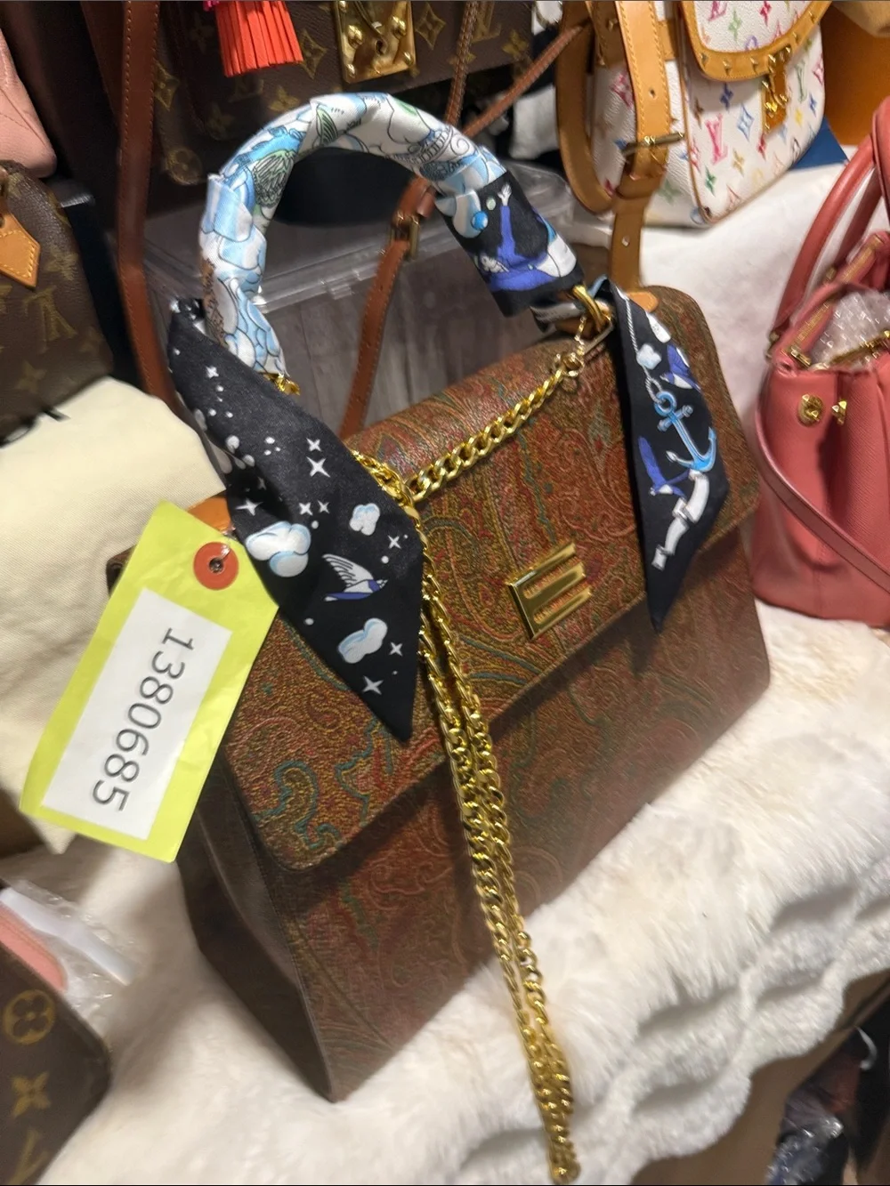 Etro Milano -Textured Brown Satchel with Scarf-Wrapped Handle and Gold Chain